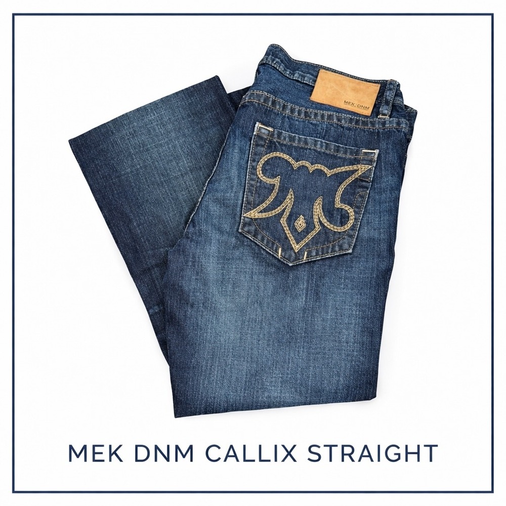 MEK‎ DNM Calix Straight Leg Jeans Mens 36x34 Dark Wash Embroidered Heavy Stitch